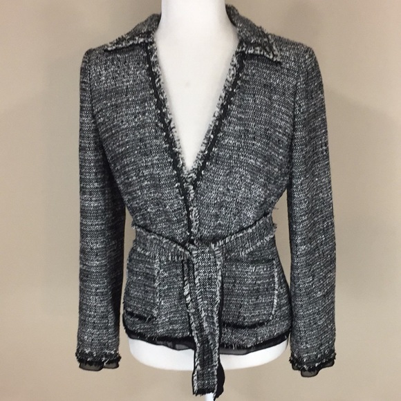 Anne Taylor Black and White Italian Fabric Tweed Belted Jacket Blazer 4P - Picture 1 of 15